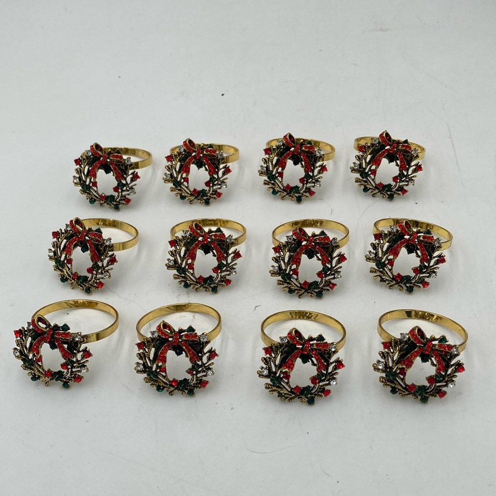 Christmas Wreath Napkin Rings - Gold Metal Rhinestone Design